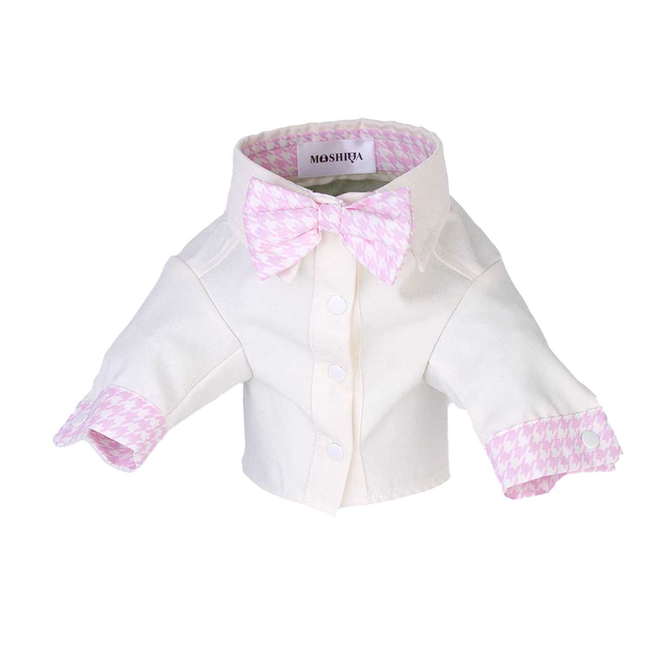 White dog shirt with pink trim and bow on a white background