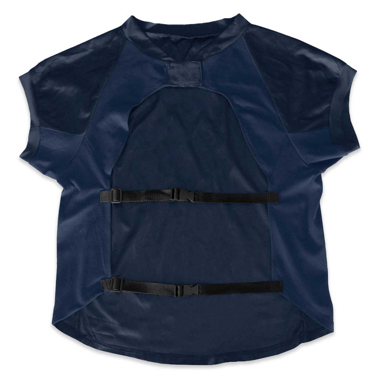 Navy blue dog jersey with black straps on a white background