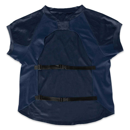 Navy blue dog jersey with black straps on a white background