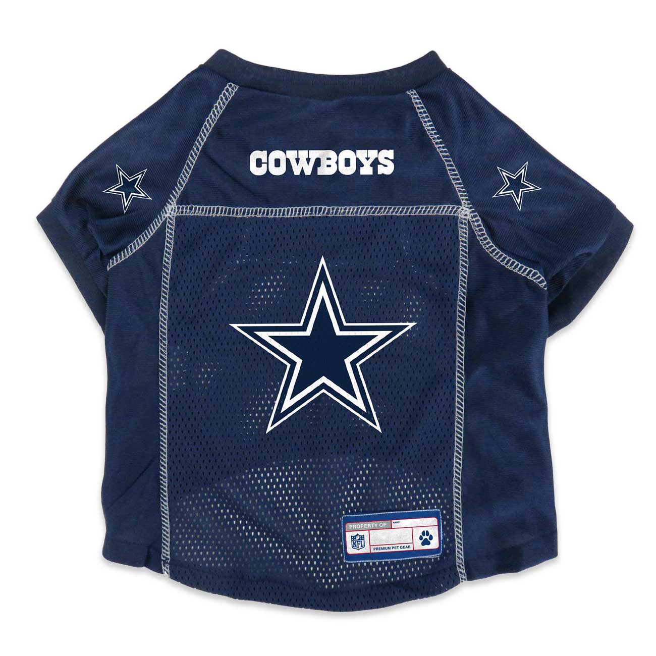 Navy blue pet jersey with star design and 'Cowboys' text on a white background