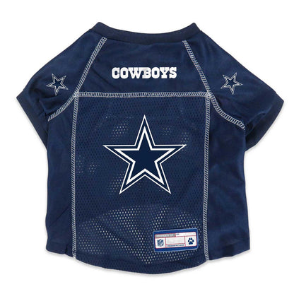 Navy blue pet jersey with star design and 'Cowboys' text on a white background