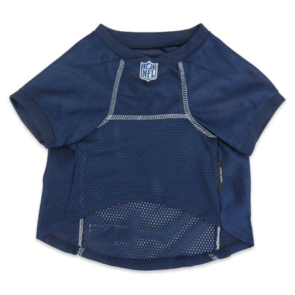 Blue pet jersey with NFL logo on a white background