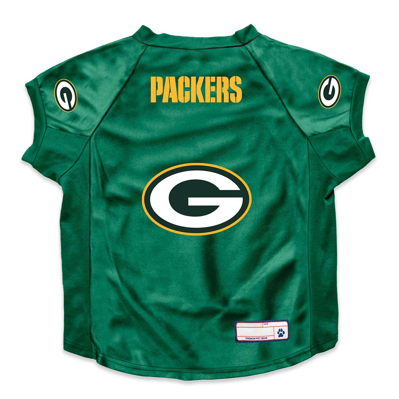 Green Bay Packers pet jersey on a white background