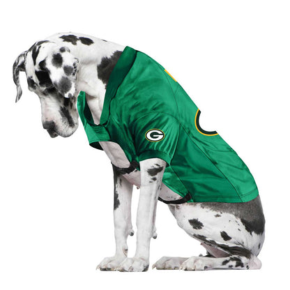 Dog wearing a green sports jersey with a logo on a white background