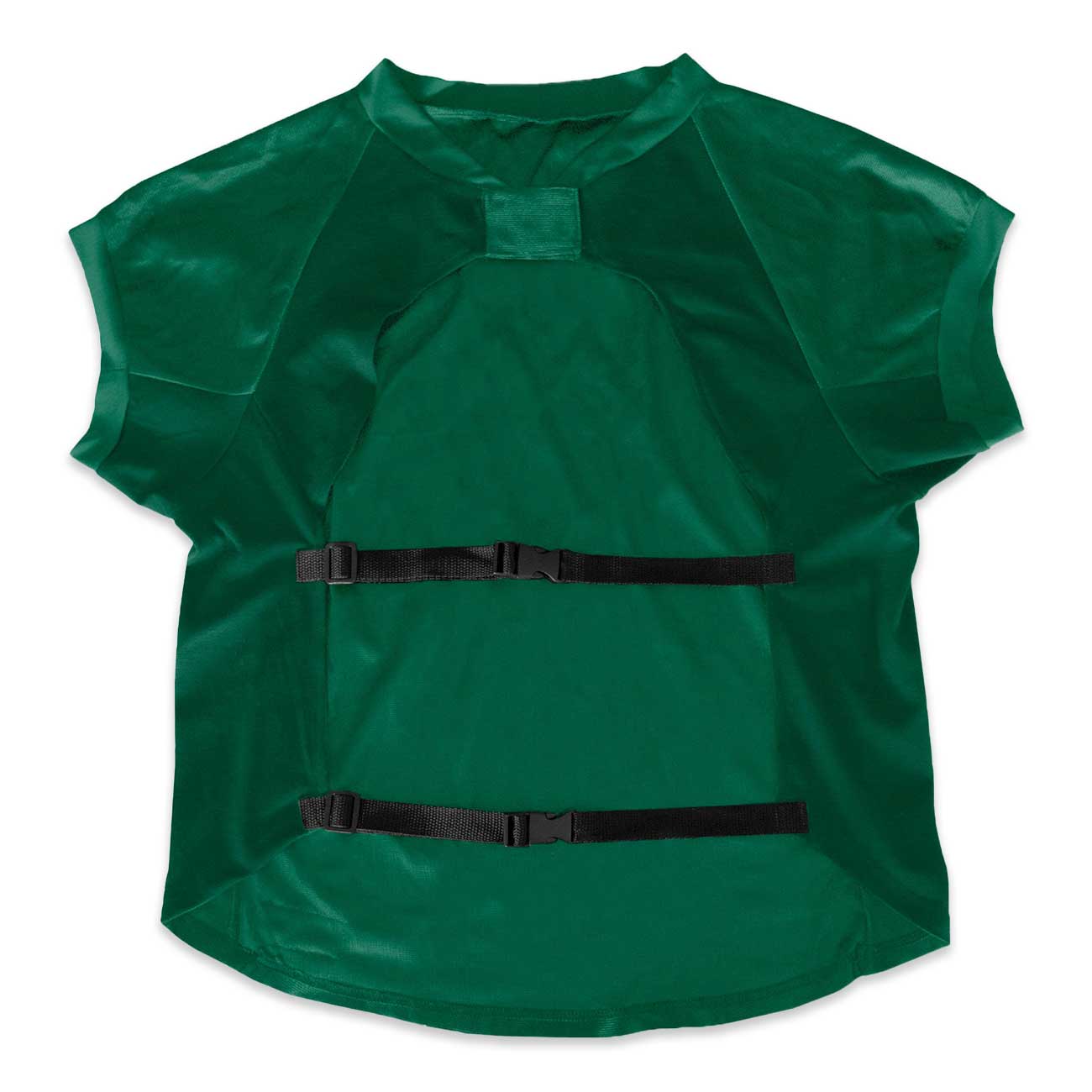 Green pet life jacket with black straps on a white background