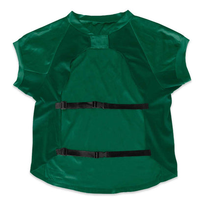 Green pet life jacket with black straps on a white background