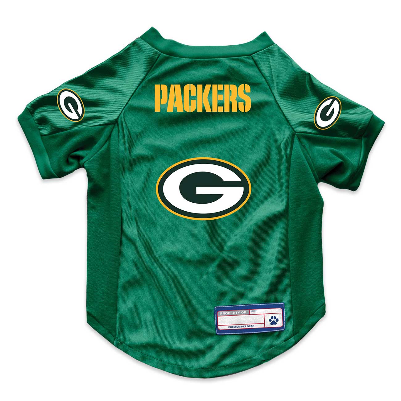 Green Bay Packers dog jersey on a white background