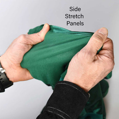 Person stretching a green fabric with 'Side Stretch Panels' text on a gray background