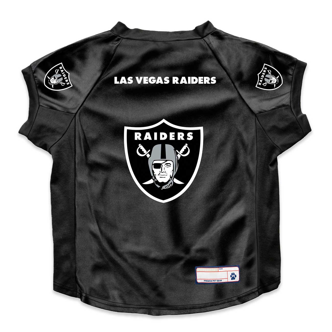 Black pet jersey with Las Vegas Raiders logo on a white background