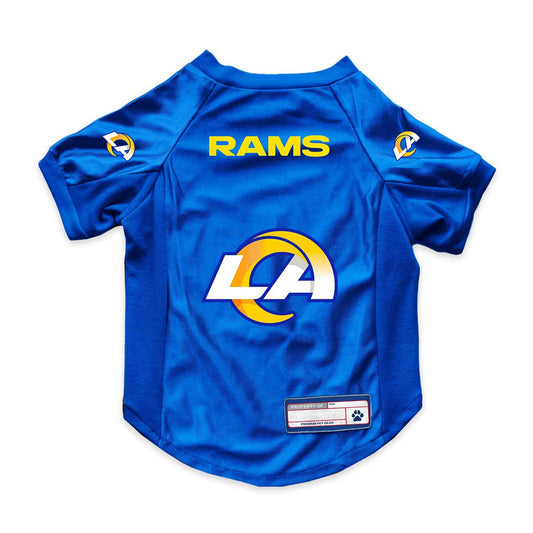 Blue dog jersey with Rams logo on a white background