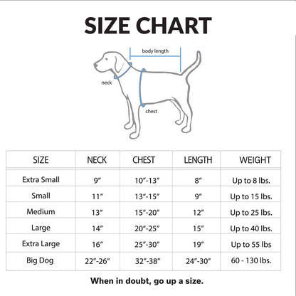 Dog size chart with measurements and weight limits