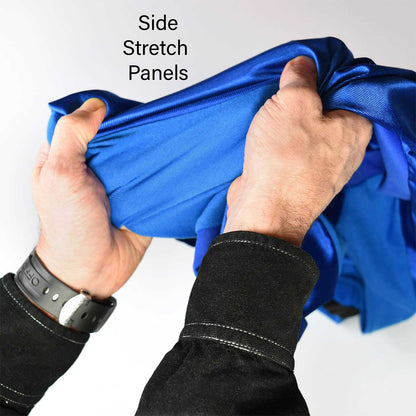 Person stretching a blue fabric with 'Side Stretch Panels' text on a white background