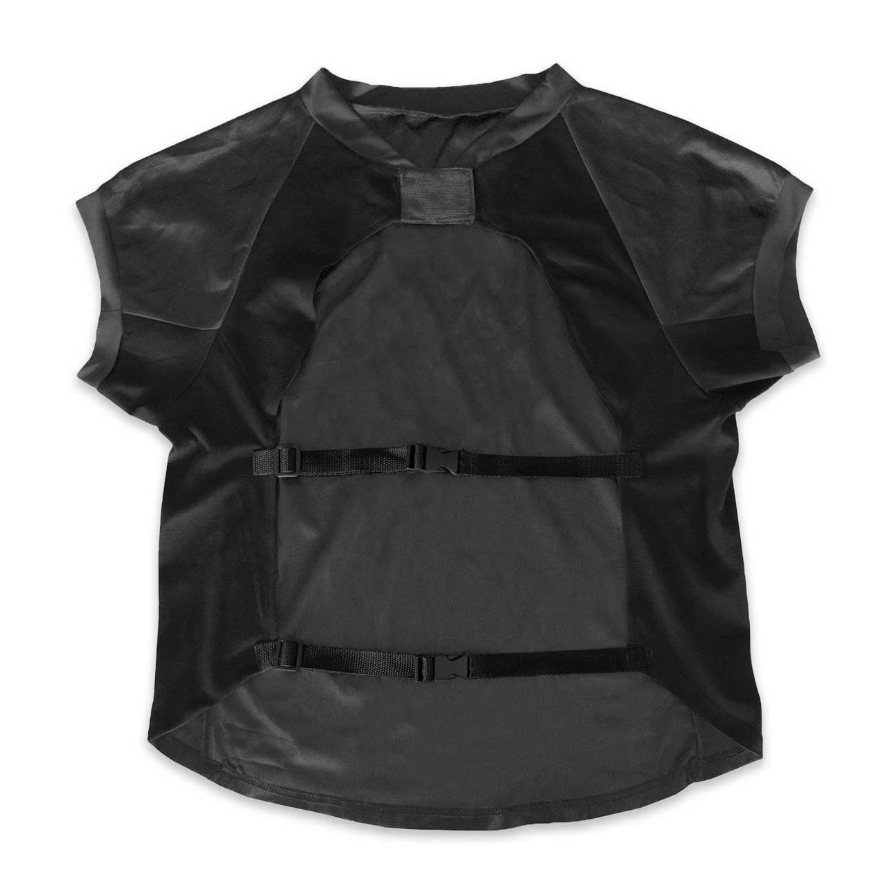 Black pet jersey with multiple straps on a white background