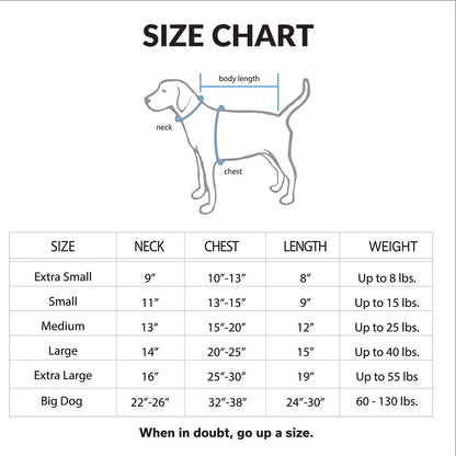 Dog size chart with measurements and weight limits