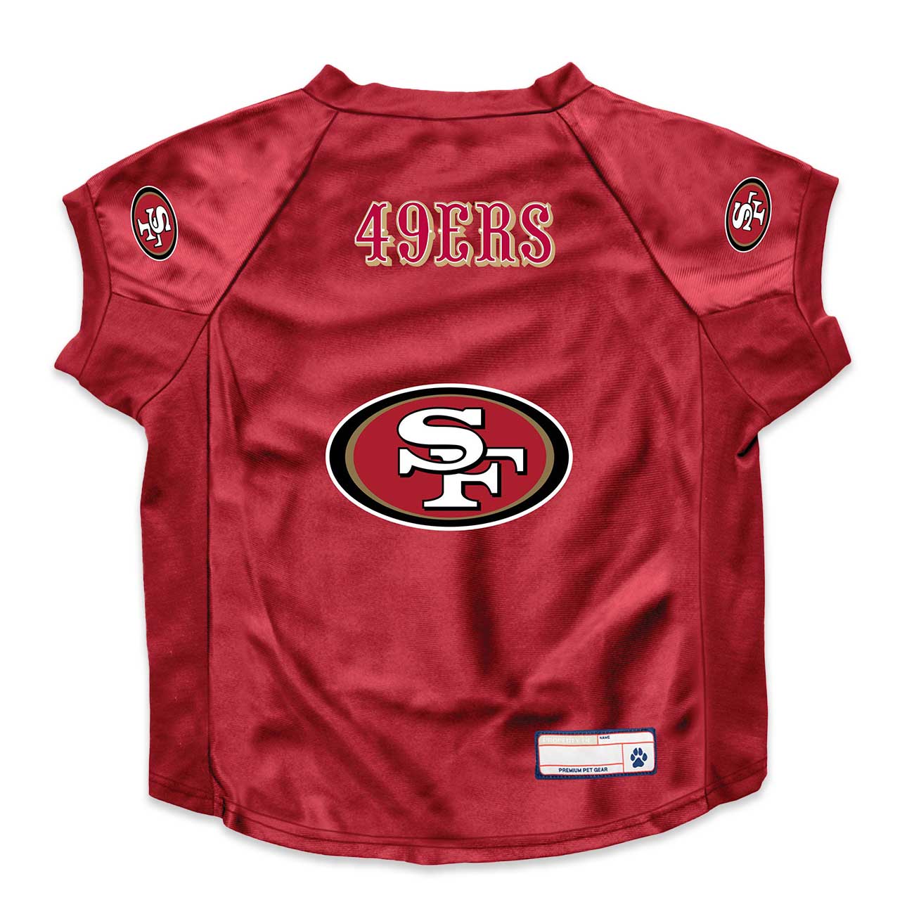 Red San Francisco 49ers pet jersey on a white background