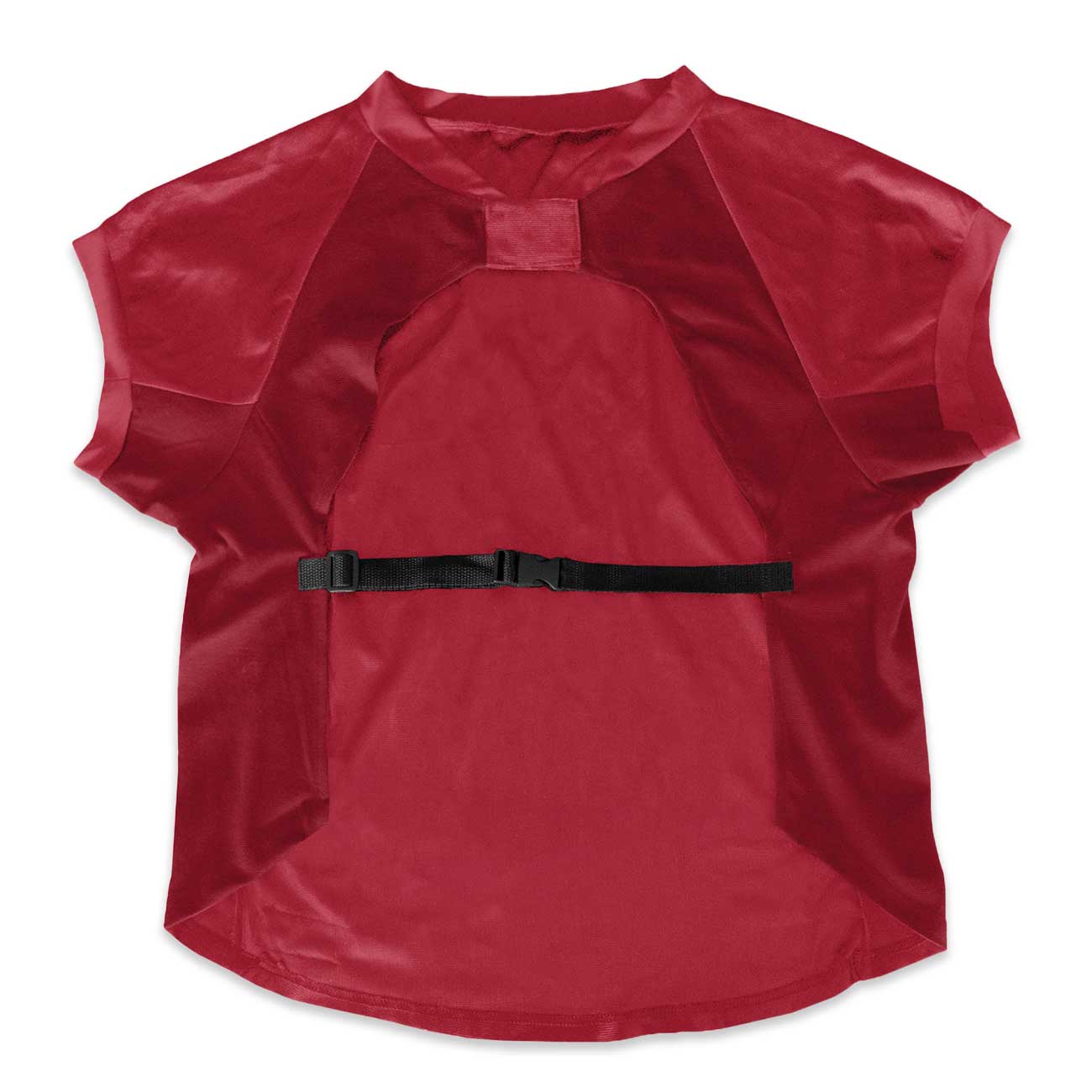Red dog jersey with a black strap on a white background