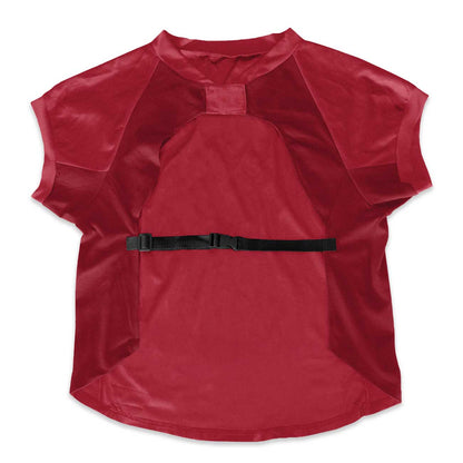 Red dog jersey with a black strap on a white background