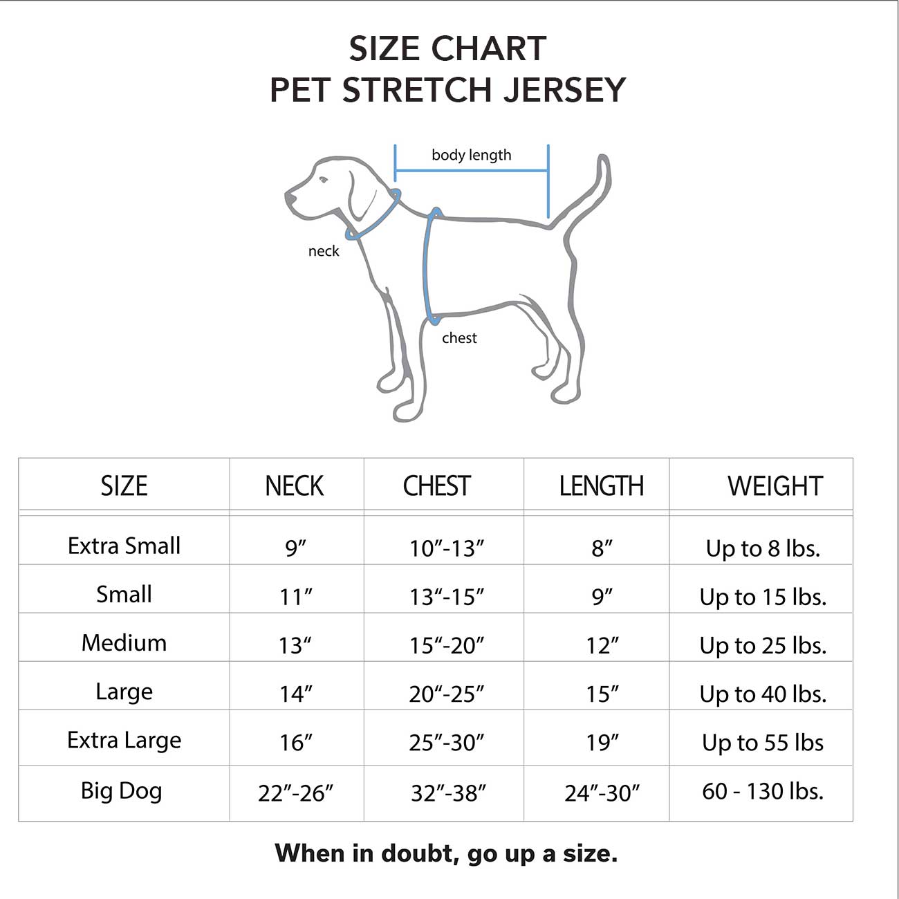Size chart for pet stretch jerseys with a diagram of a dog and measurement guide.