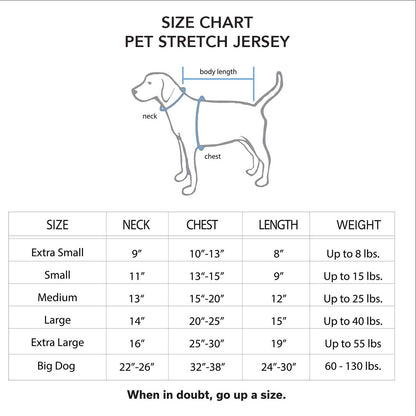 Size chart for pet stretch jerseys with a diagram of a dog and measurement guide.