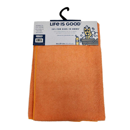 Orange towel with 'Life is Good' label on a white background