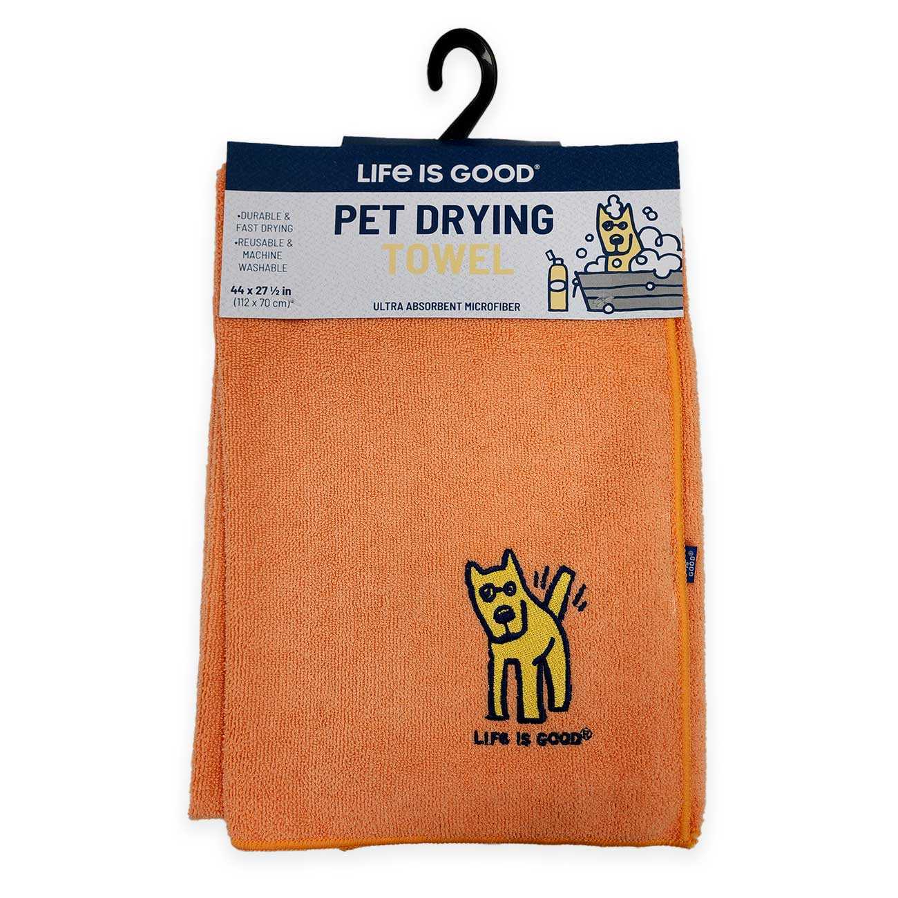 Orange pet drying towel with 'Life is Good' branding on a white background