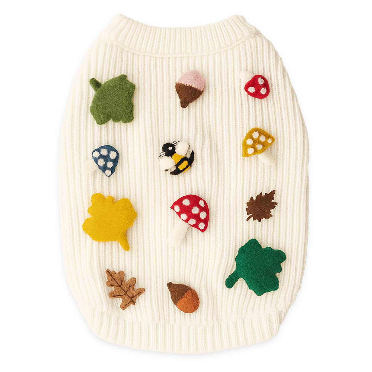 Dog sweater with autumn-themed 3D icons on a white background