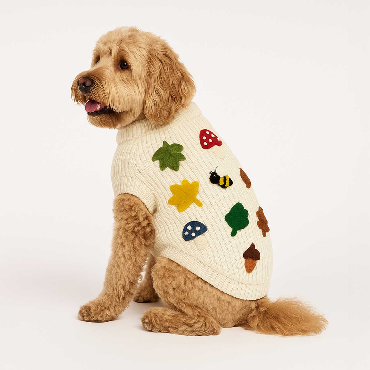 Dog wearing a sweater with autumn-themed designs on a white background