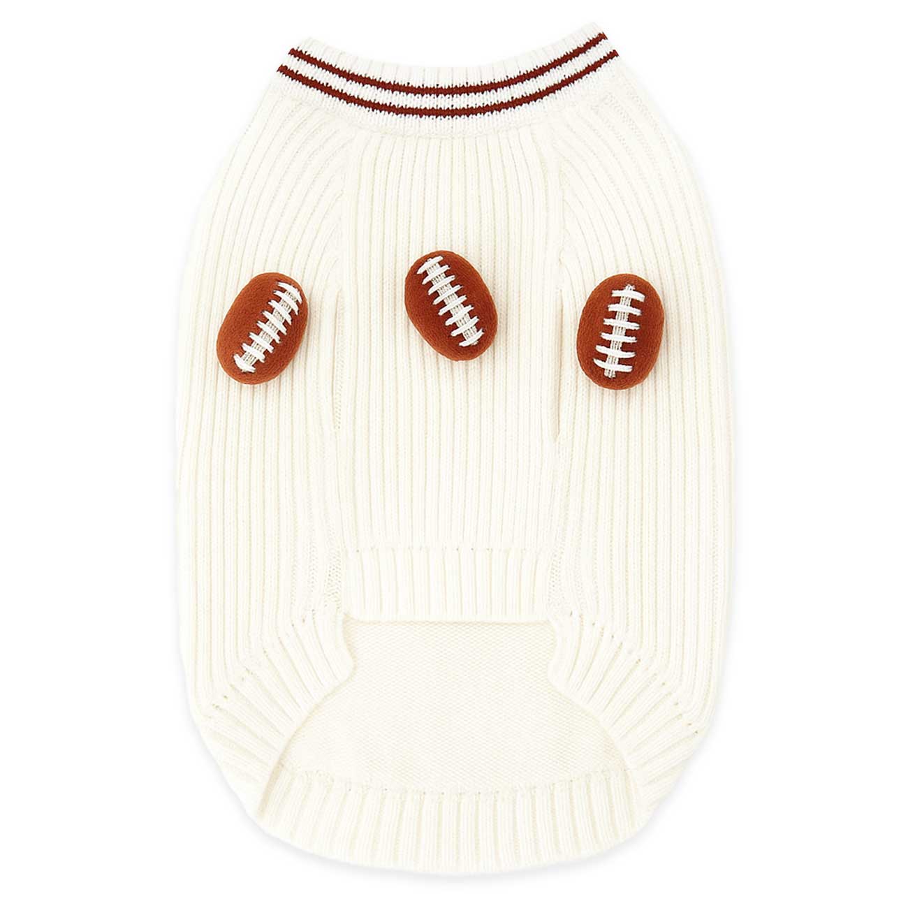 White dog sweater with football patterns on a white background