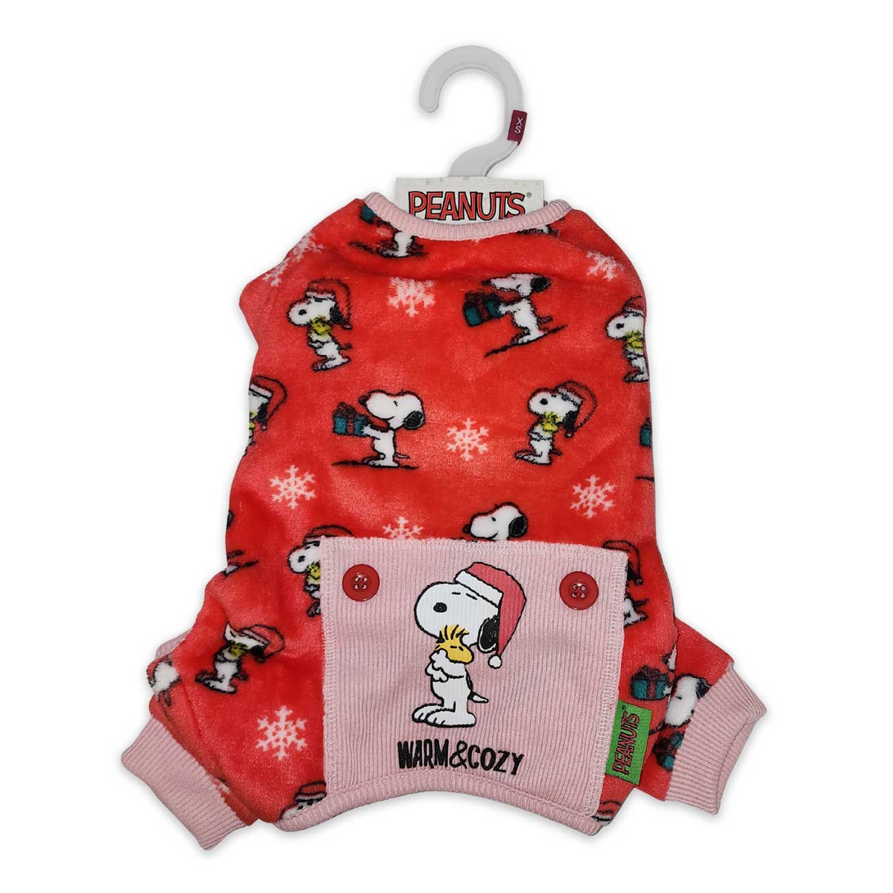 Red dog pajama set with Snoopy design on a hanger, featuring 'Peanuts' branding.