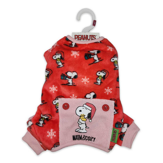 Red dog pajama set with Snoopy design on a hanger, featuring 'Peanuts' branding.