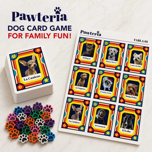 Pawteria dog card game with cards and paw-shaped tokens on a white background