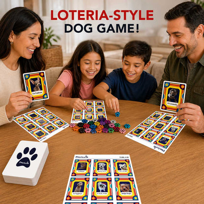 Family playing Pawteria a 'Loteria-style dog game' with cards and dice on a table.