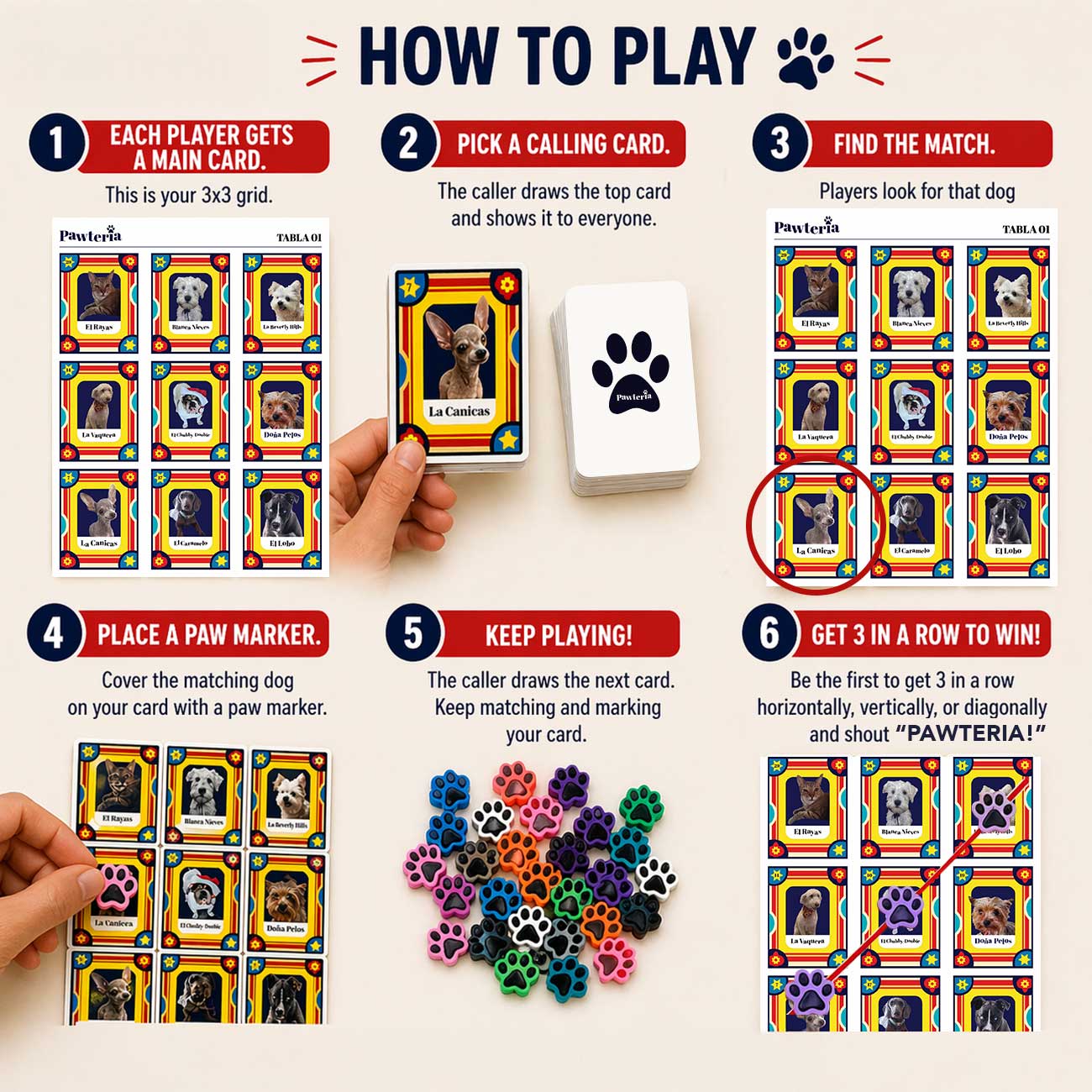 Pawteria card game instructions with dog-themed cards and paw markers on a white background