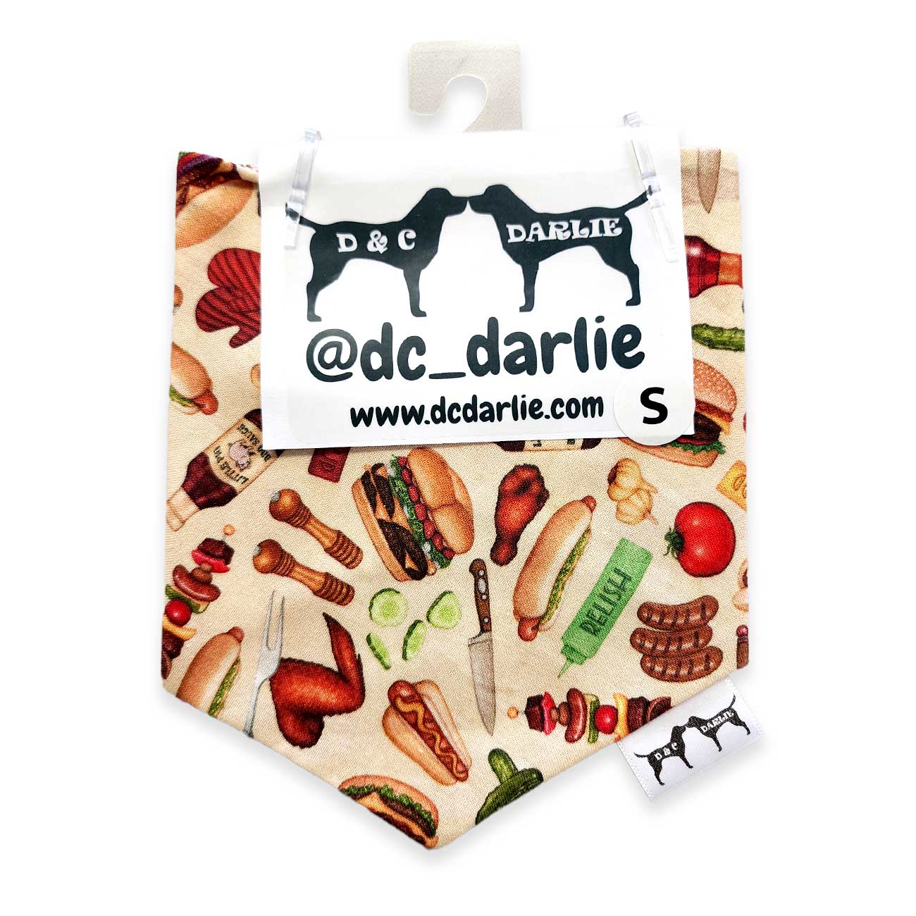 Dog bandana with food pattern and brand label on a white background