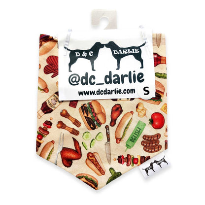 Dog bandana with food pattern and brand label on a white background