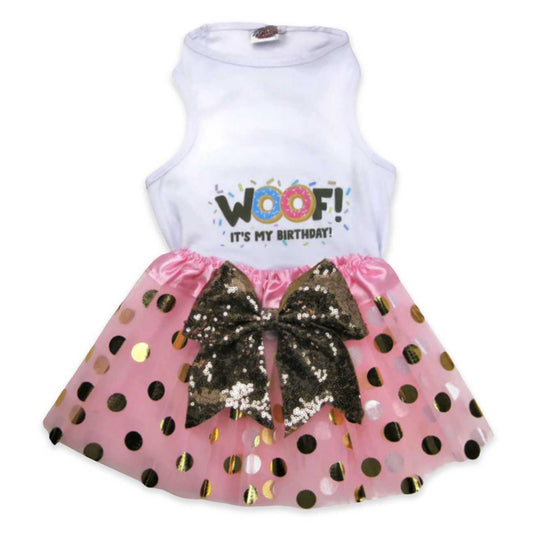 Dog dress with pink polka dot skirt and 'Woof! It's My Birthday!' text on a white background