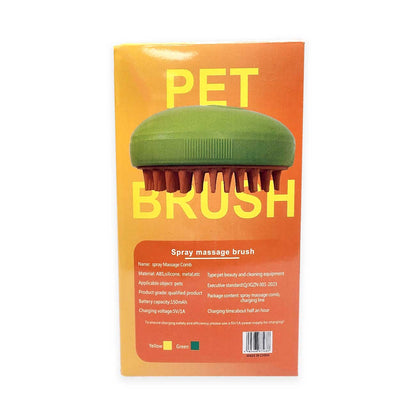 Packaging of a green pet brush with text on an orange background