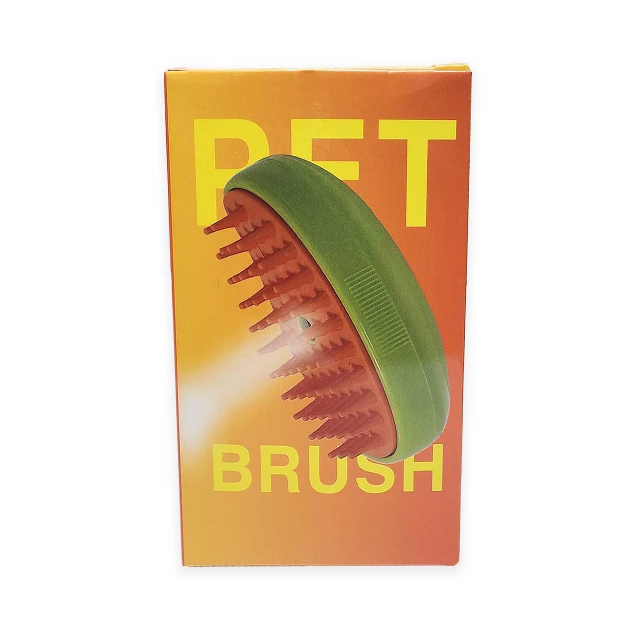 Box of a pet brush with green bristles on an orange background