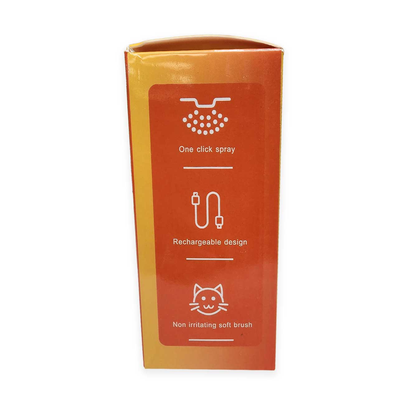 Orange packaging box with white icons and text on a white background