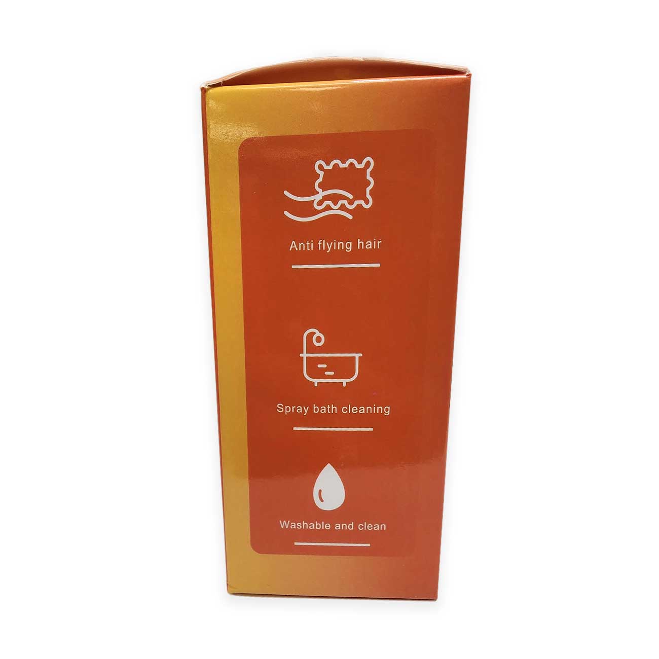 Orange packaging with white text and icons on a white background