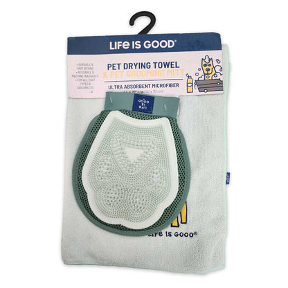 Pet drying towel and grooming tool with 'Life is Good' packaging on a white background