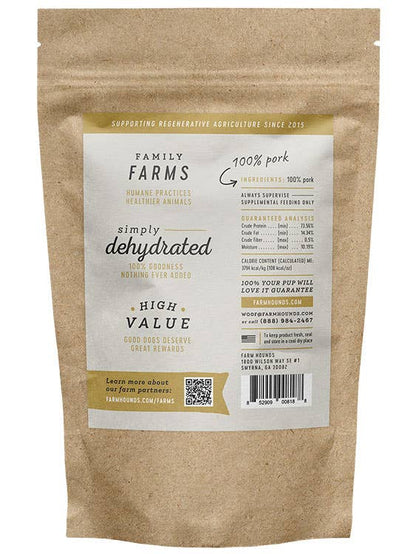 Kraft paper bag with a label for 'Family Farms' dehydrated pork product on a white background.
