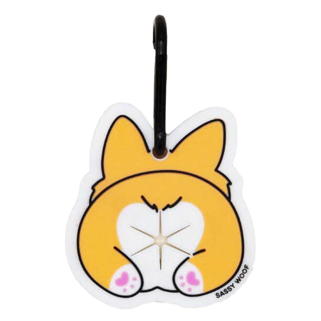 Dog-shaped dog waste bag holder with a cartoon design on a white background