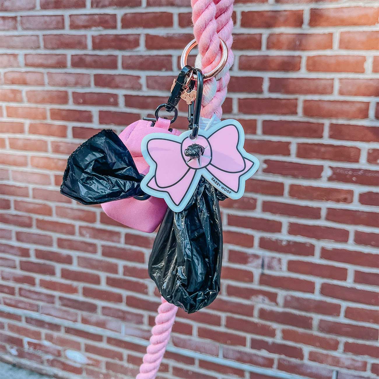 Pink dog waste bag holder with a bow design against a brick wall.