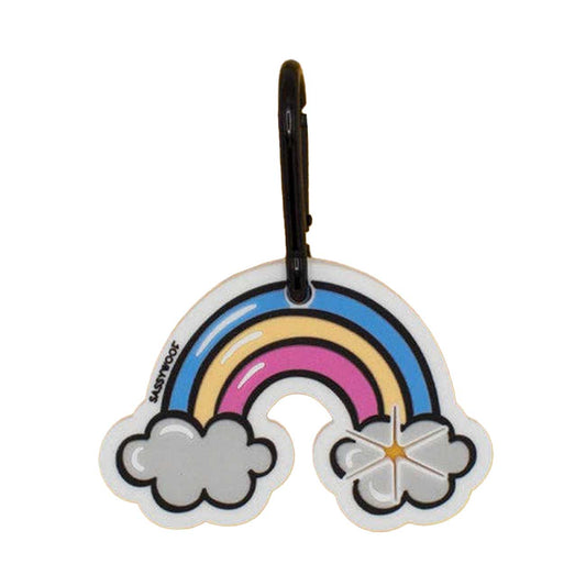 Rainbow and cloud design dog waste bag holder with a black clip on a white background