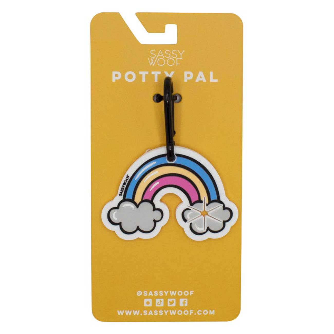 Sassy Woof Potty Pal with rainbow design on a yellow card
