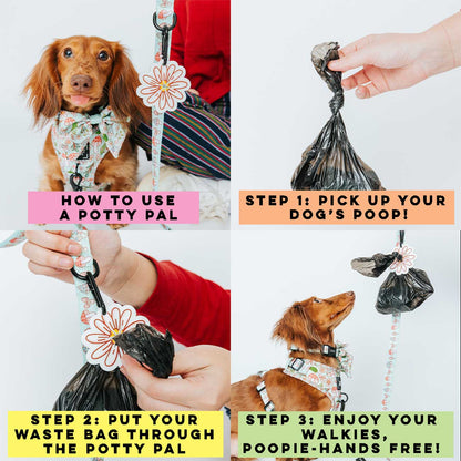Instructions on how to use a Potty Pal for dogs, including steps and images of a dog using it.
