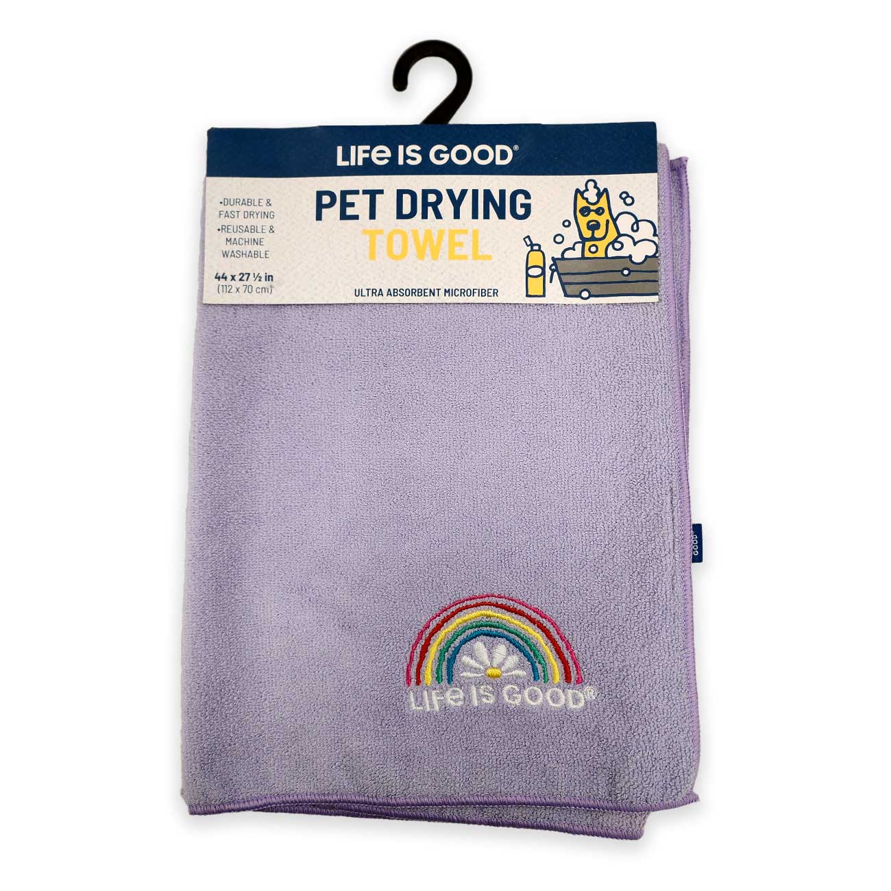 Purple pet drying towel with rainbow design and 'Life is Good' branding on a white background.