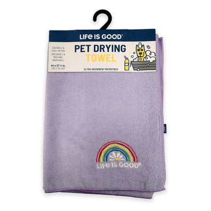 Purple pet drying towel with rainbow design and 'Life is Good' branding on a white background.