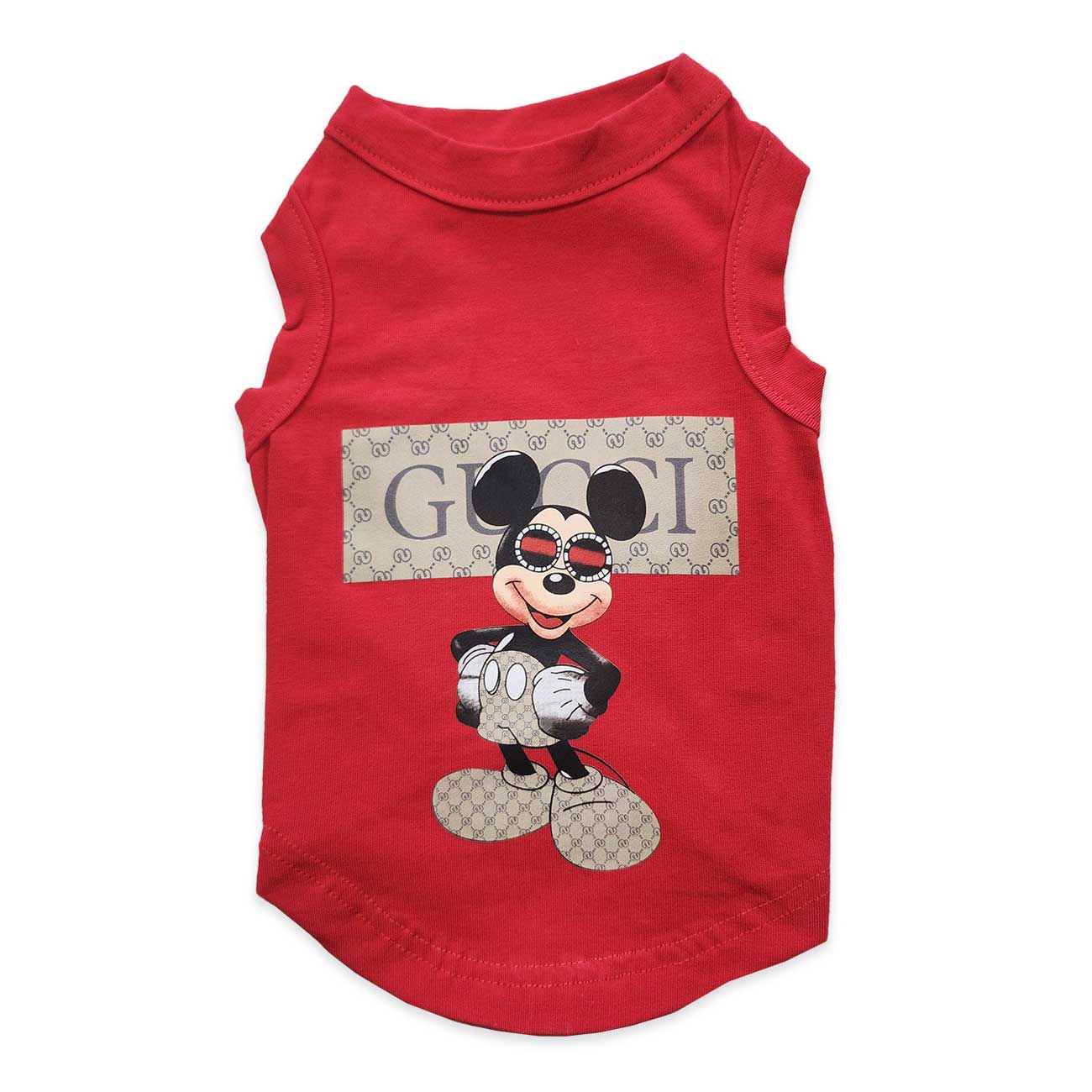 Red dog shirt with cartoon character and 'GUCCI' logo on a white background